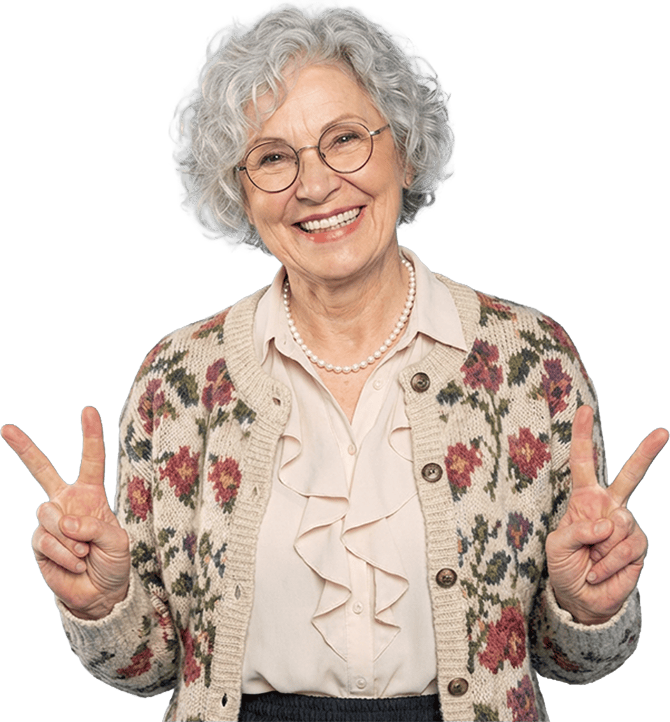 Elderly woman smiling and making peace signs, showcasing joy and vitality.