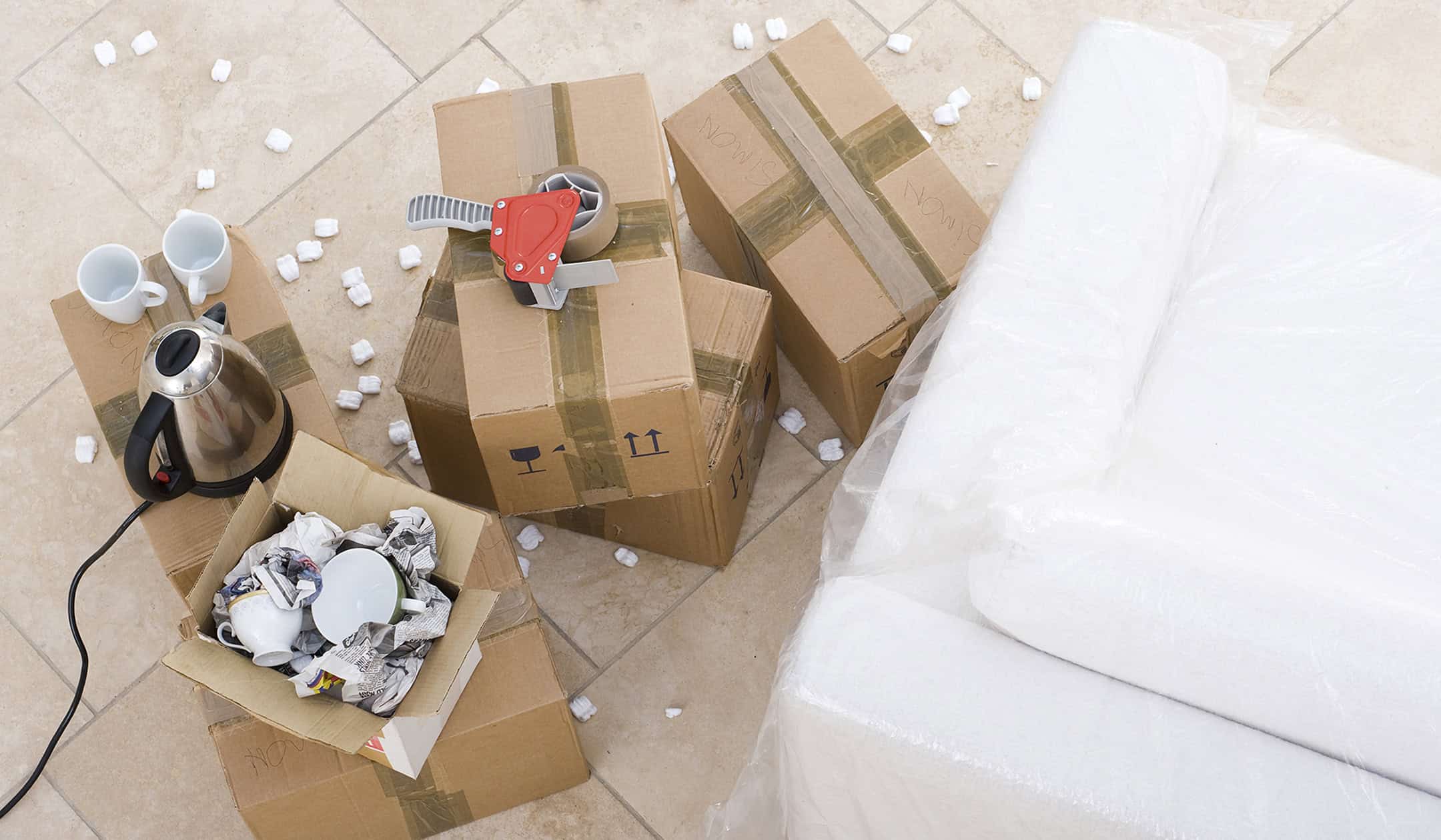 Moving boxes and packing supplies for new home transition.