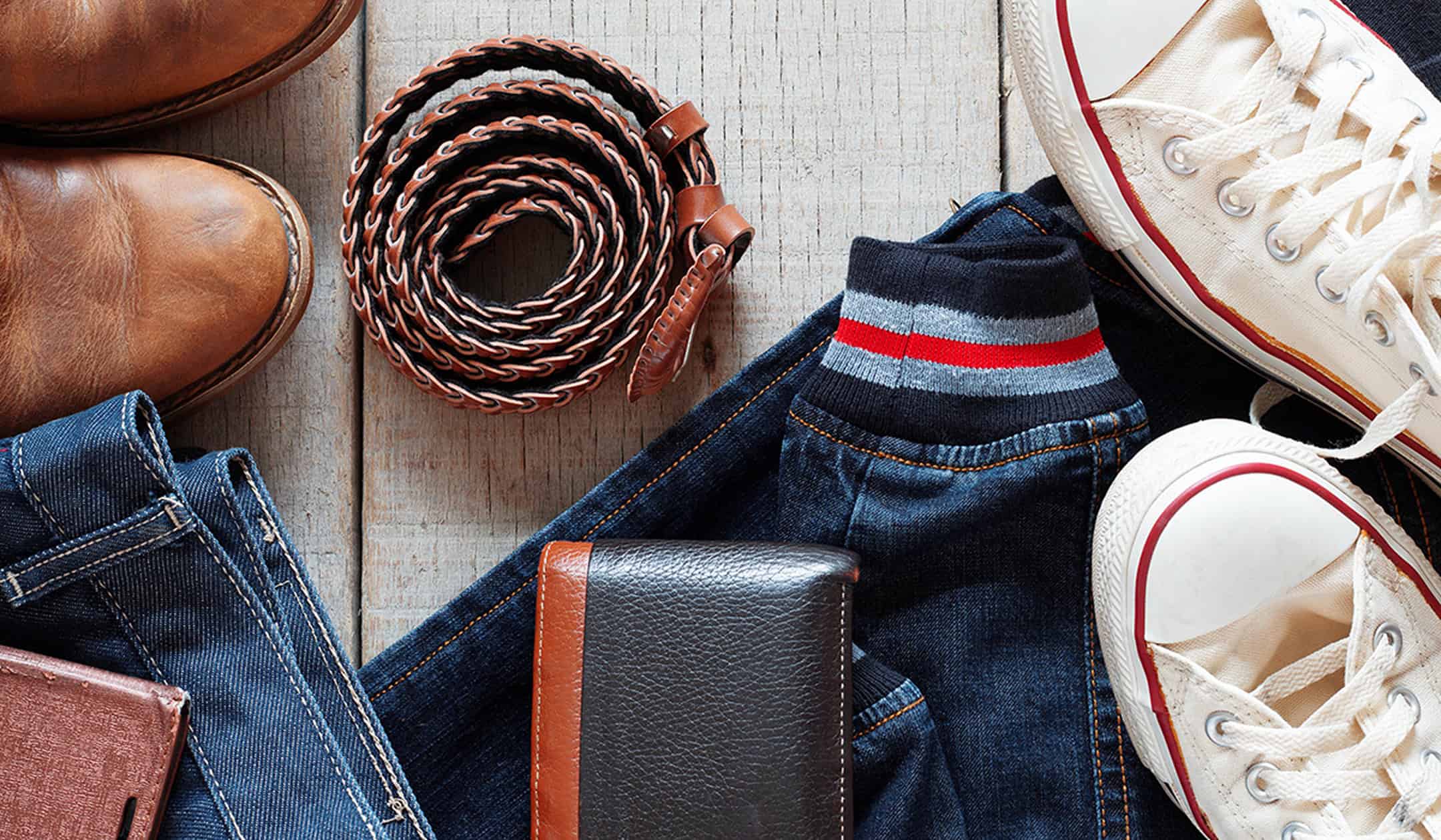Stylish casual outfit with shoes, belt, and wallet for a fresh start.